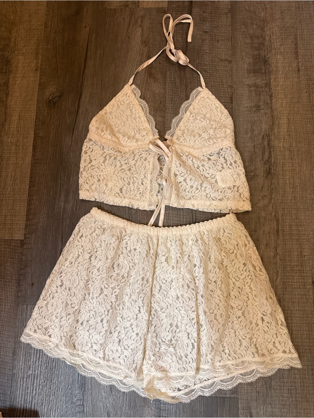 Peppermayo Cream Lace Halter Crop Top & Shorts Set
